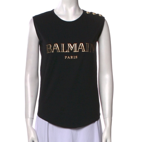 BALMAIN Tank Top Black Gold Graphic Print Heavy Gold Hardware Sleeveless Sz 36/4 - Picture 13 of 14